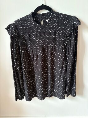 NWT LOFT Black and White Polka Dot Smocked Yoke Blouse